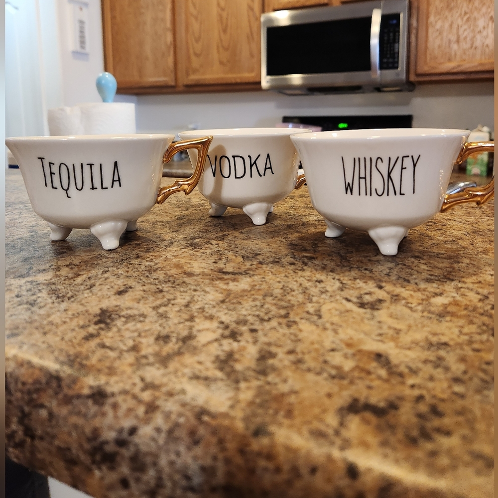 Vodka, Tequila and Whiskey Kitchen Tea Cup Set of 3, Funny Ornate Home Decor